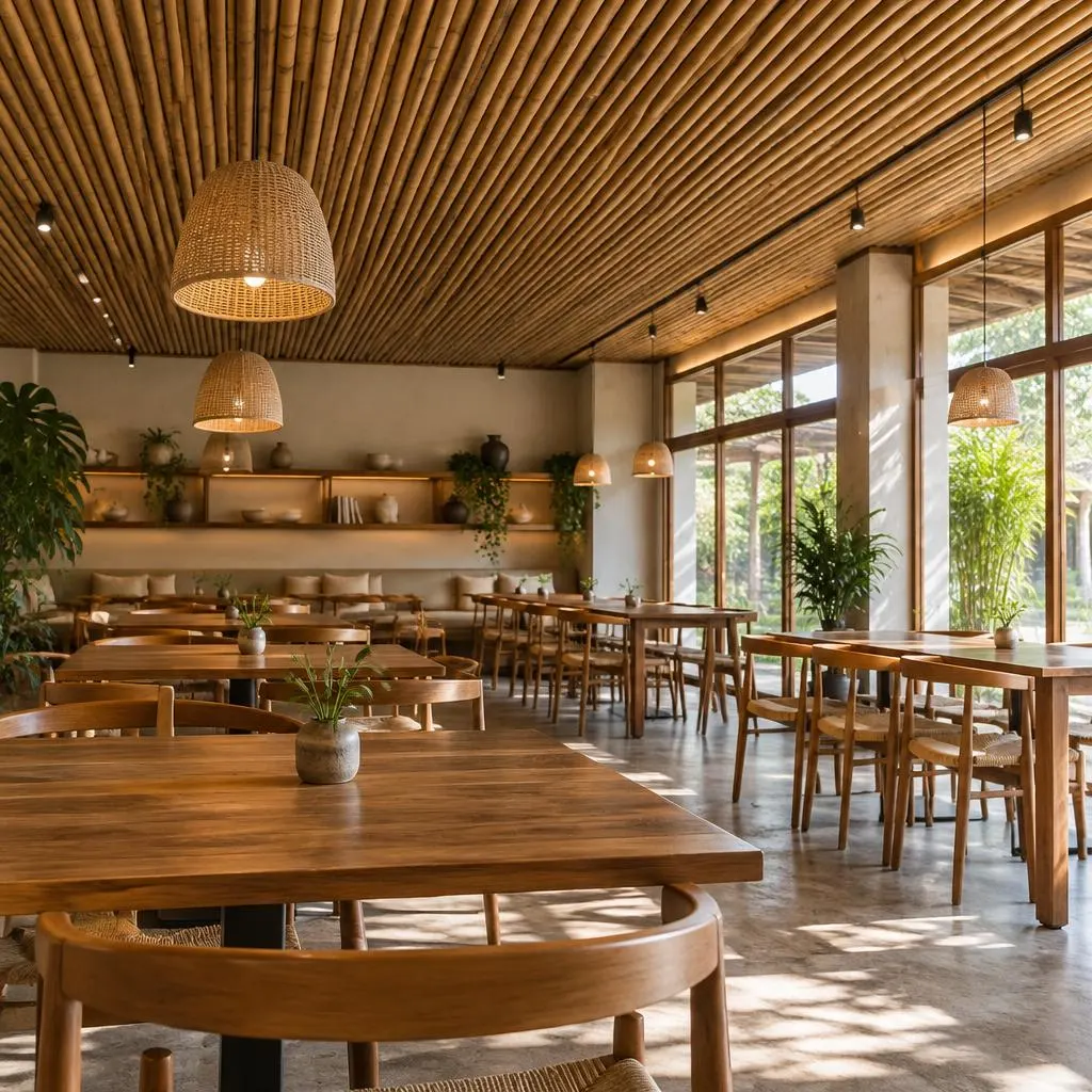 Café interior with a ceiling made of bamboo poles