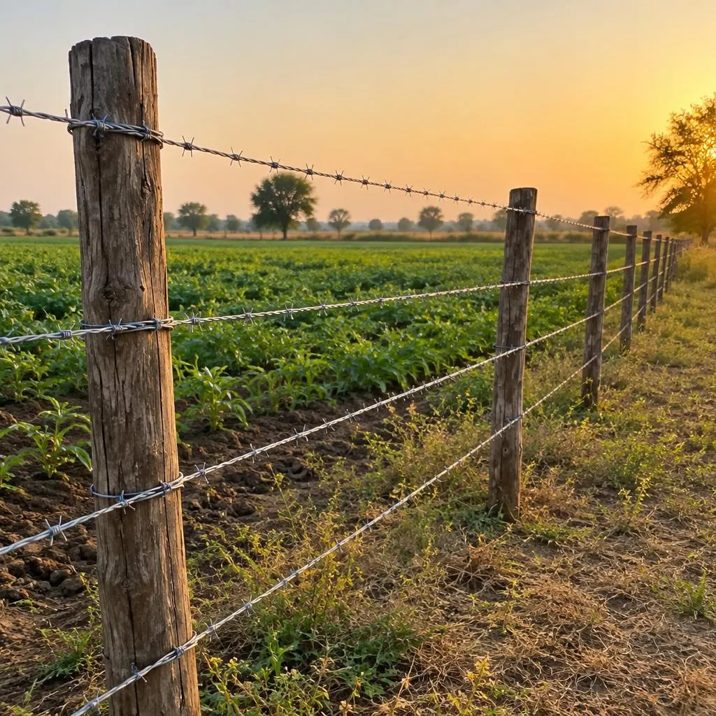 Farm boundary with galvanised barbed wire on wooden poles