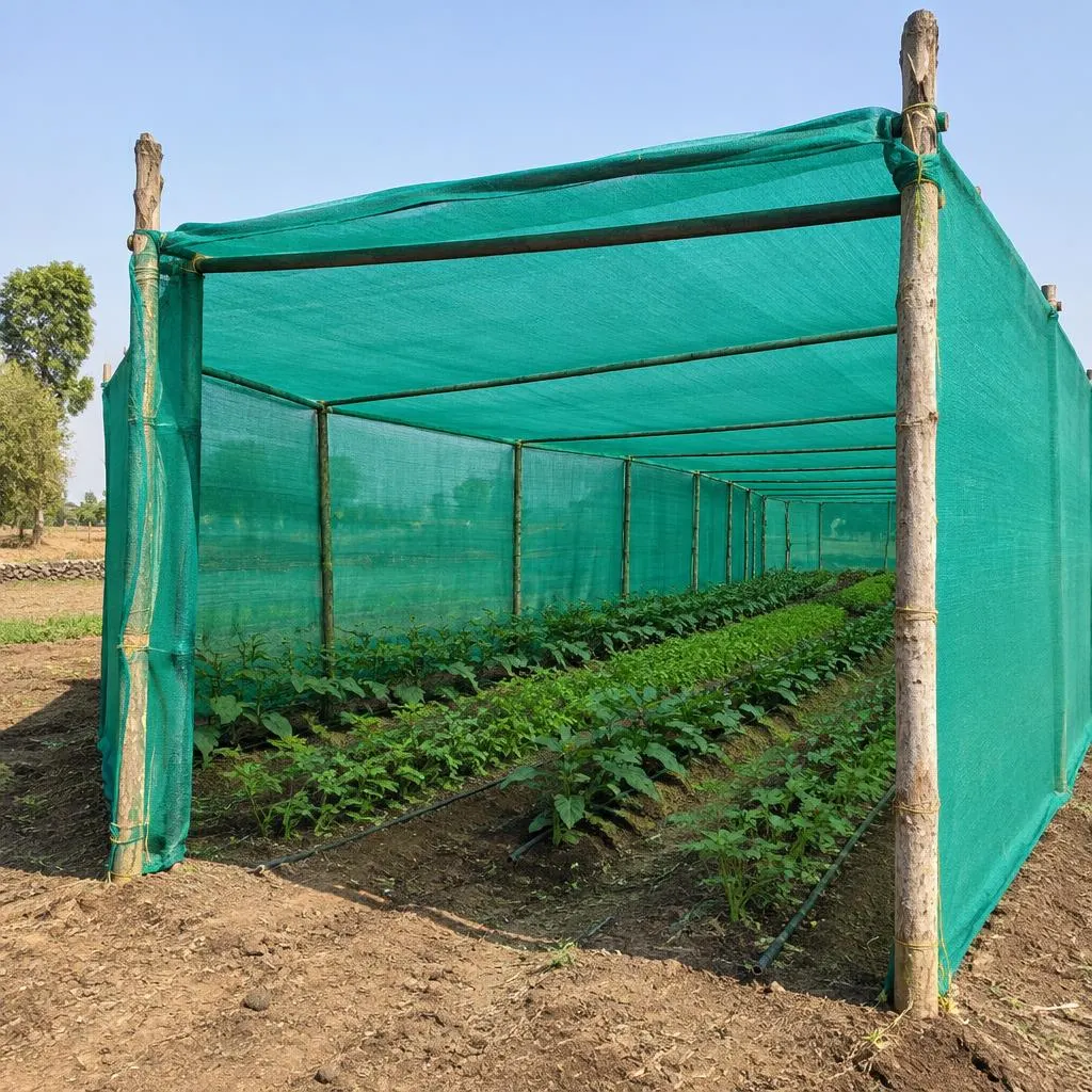 Green shade-net house on a farm supported by wooden poles