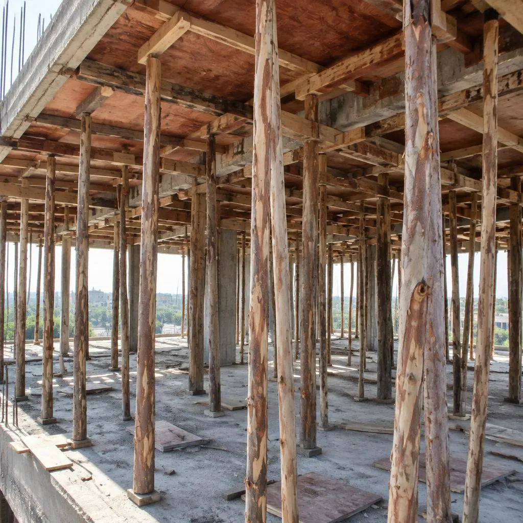 Eucalyptus ballies propping plywood formwork under a concrete slab