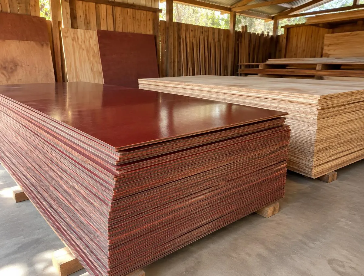 Stacks of red film-faced shuttering plywood and plain plywood in a shed